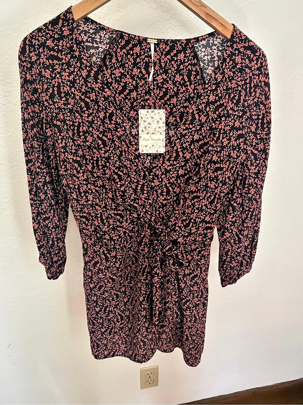 Free People Clara Tunic Dress Floral Mini Dress in Black & Pink Size Small NWT